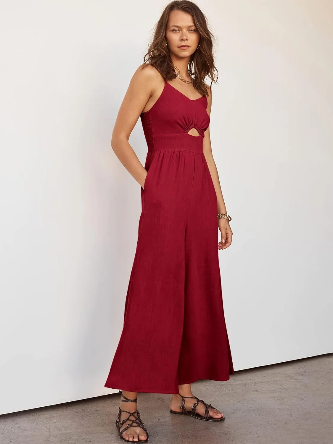 ANRABESS Womens Jumpsuit Summer Beach Vacation Romper 2025 V Neck Sleevelsee Spaghetti Strap Cutout Linen Wide Leg Clothes