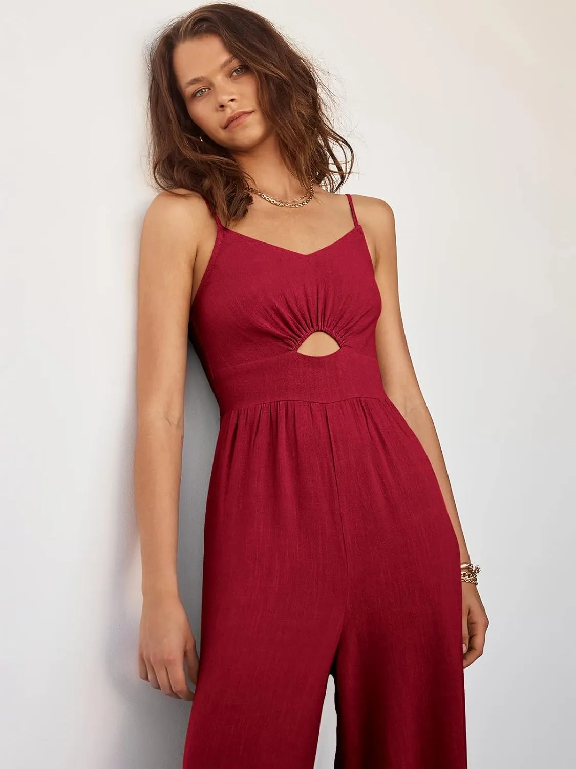 ANRABESS Womens Jumpsuit Summer Beach Vacation Romper 2025 V Neck Sleevelsee Spaghetti Strap Cutout Linen Wide Leg Clothes
