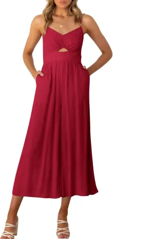 ANRABESS Womens Jumpsuit Summer Beach Vacation Romper 2025 V Neck Sleevelsee Spaghetti Strap Cutout Linen Wide Leg Clothes