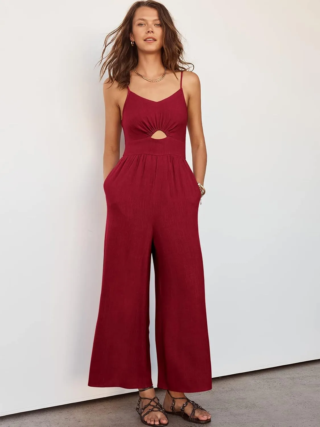 ANRABESS Womens Jumpsuit Summer Beach Vacation Romper 2025 V Neck Sleevelsee Spaghetti Strap Cutout Linen Wide Leg Clothes