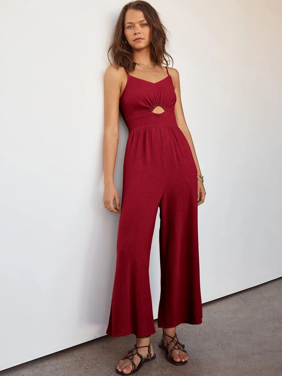 ANRABESS Womens Jumpsuit Summer Beach Vacation Romper 2025 V Neck Sleevelsee Spaghetti Strap Cutout Linen Wide Leg Clothes