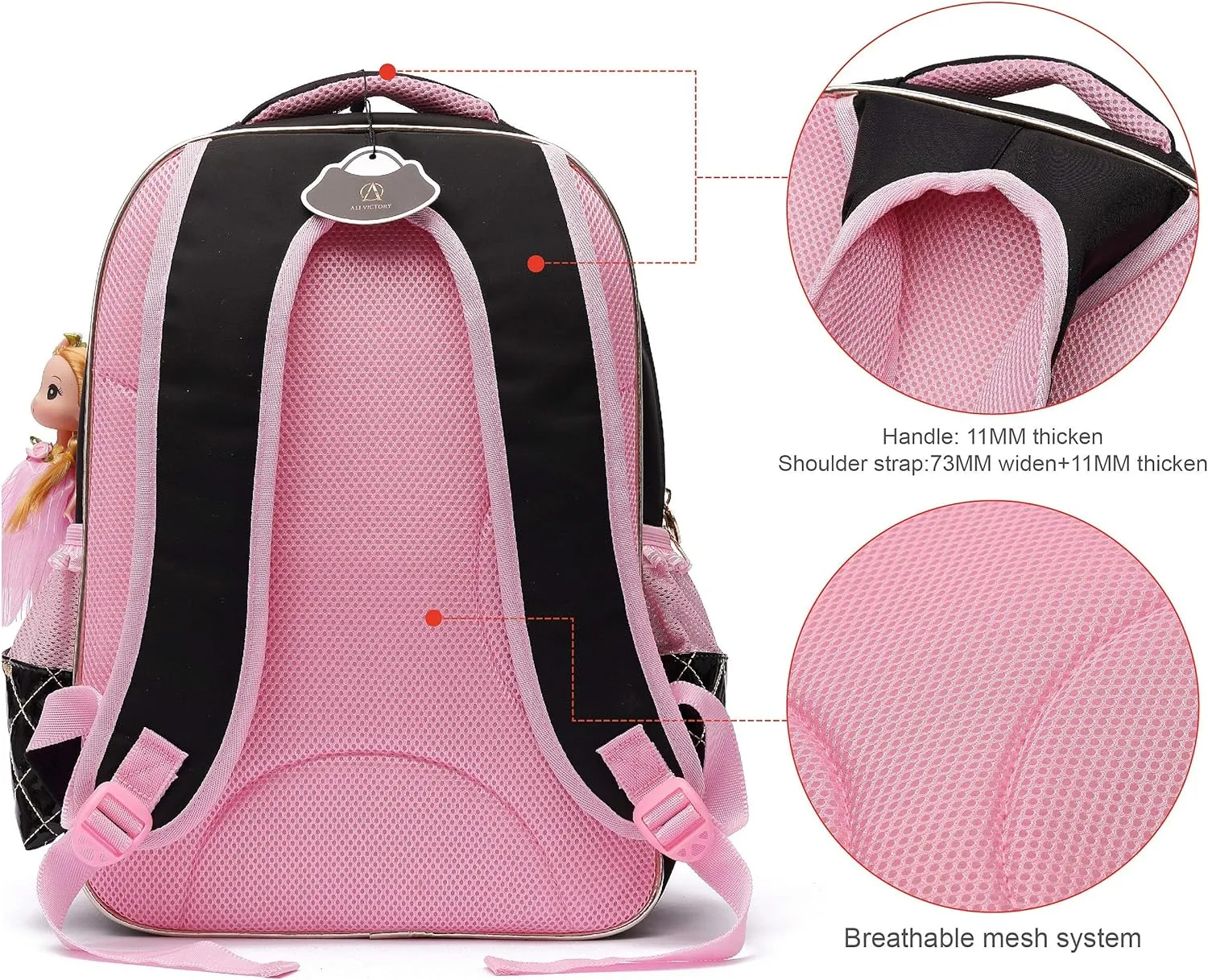 AO ALI VICTORY Backpack for Girls, Waterproof Kids Backpacks School Bag Toddler Bookbags Cute Travel Daypack (Small, A-Black)