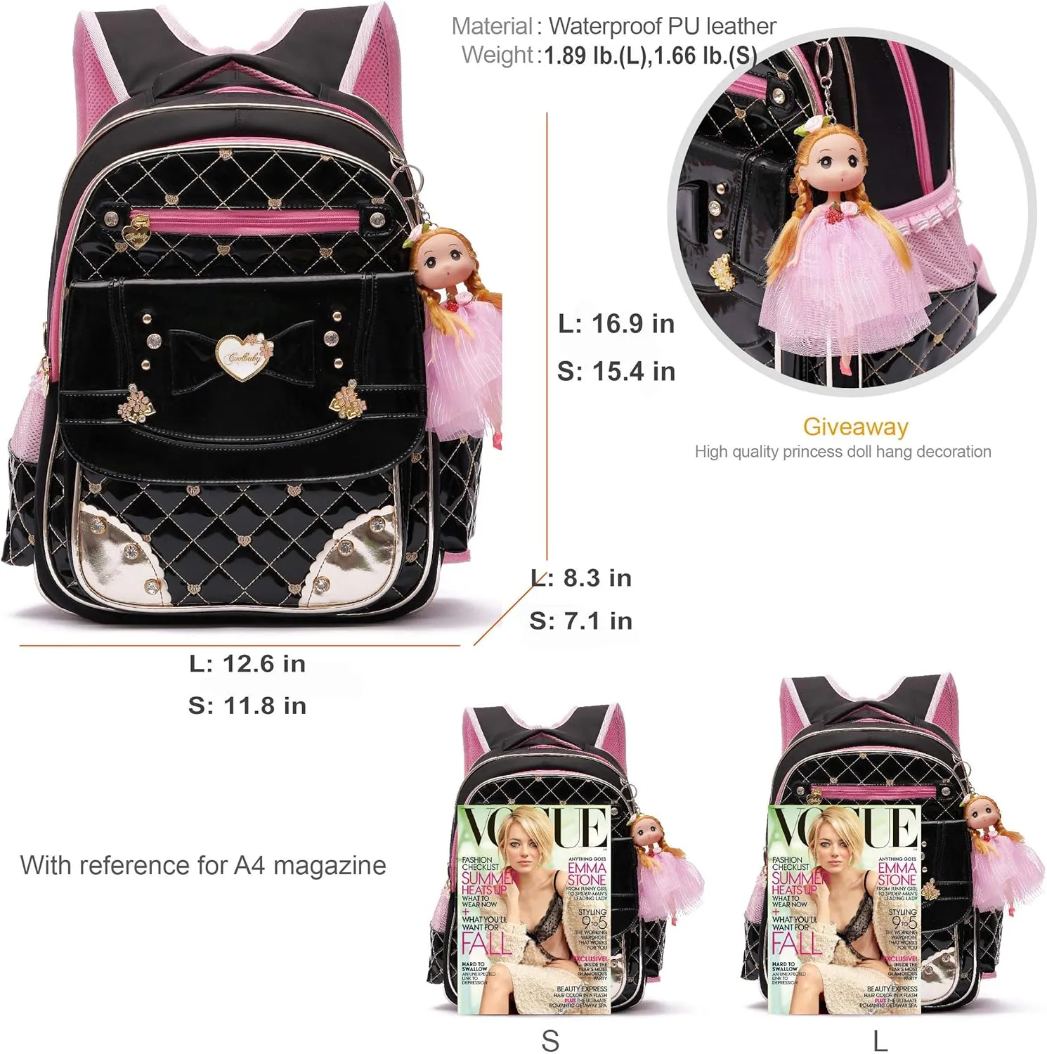 AO ALI VICTORY Backpack for Girls, Waterproof Kids Backpacks School Bag Toddler Bookbags Cute Travel Daypack (Small, A-Black)