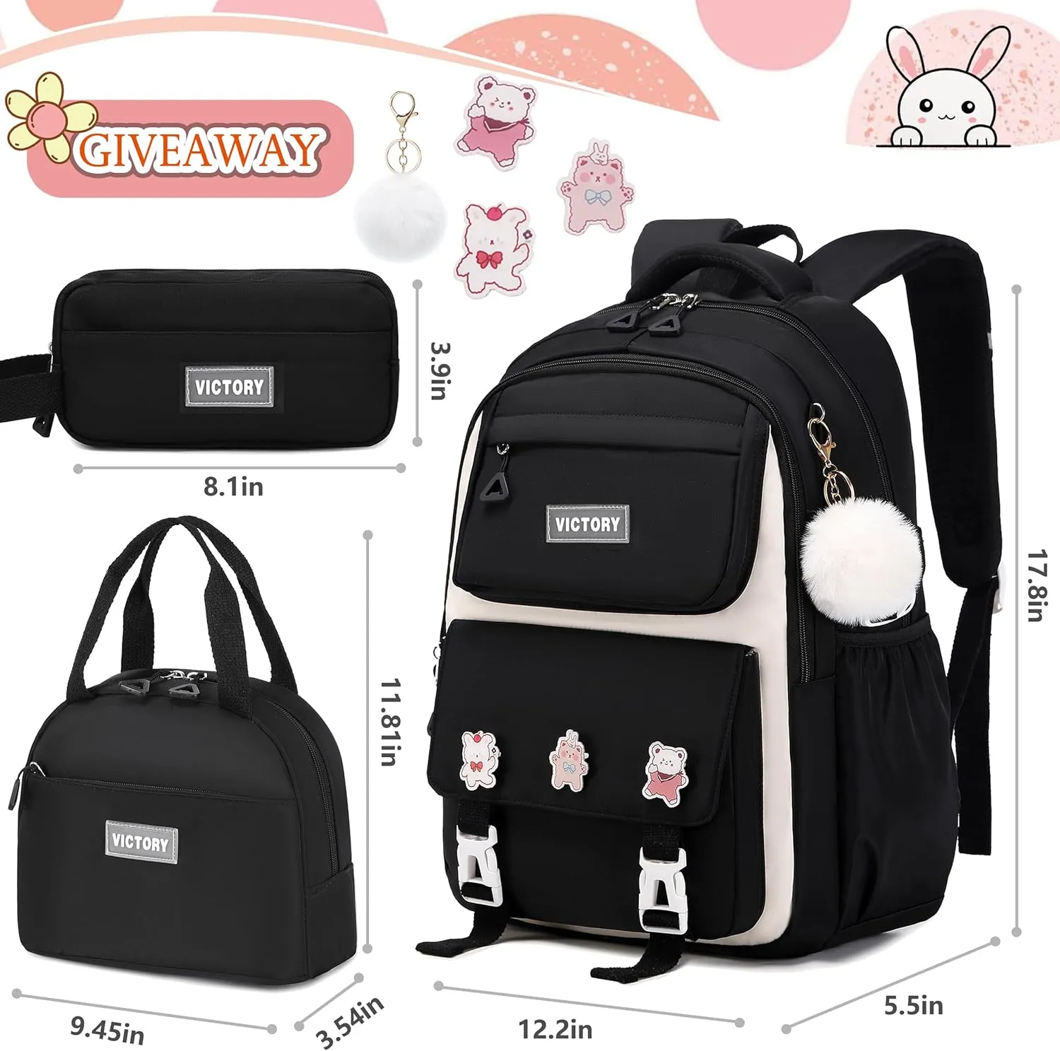 AO ALI VICTORY Backpack for Women Girls Set with Pencil Case 15.6 Inch Laptop School Bag Kids Elementary College Backpacks