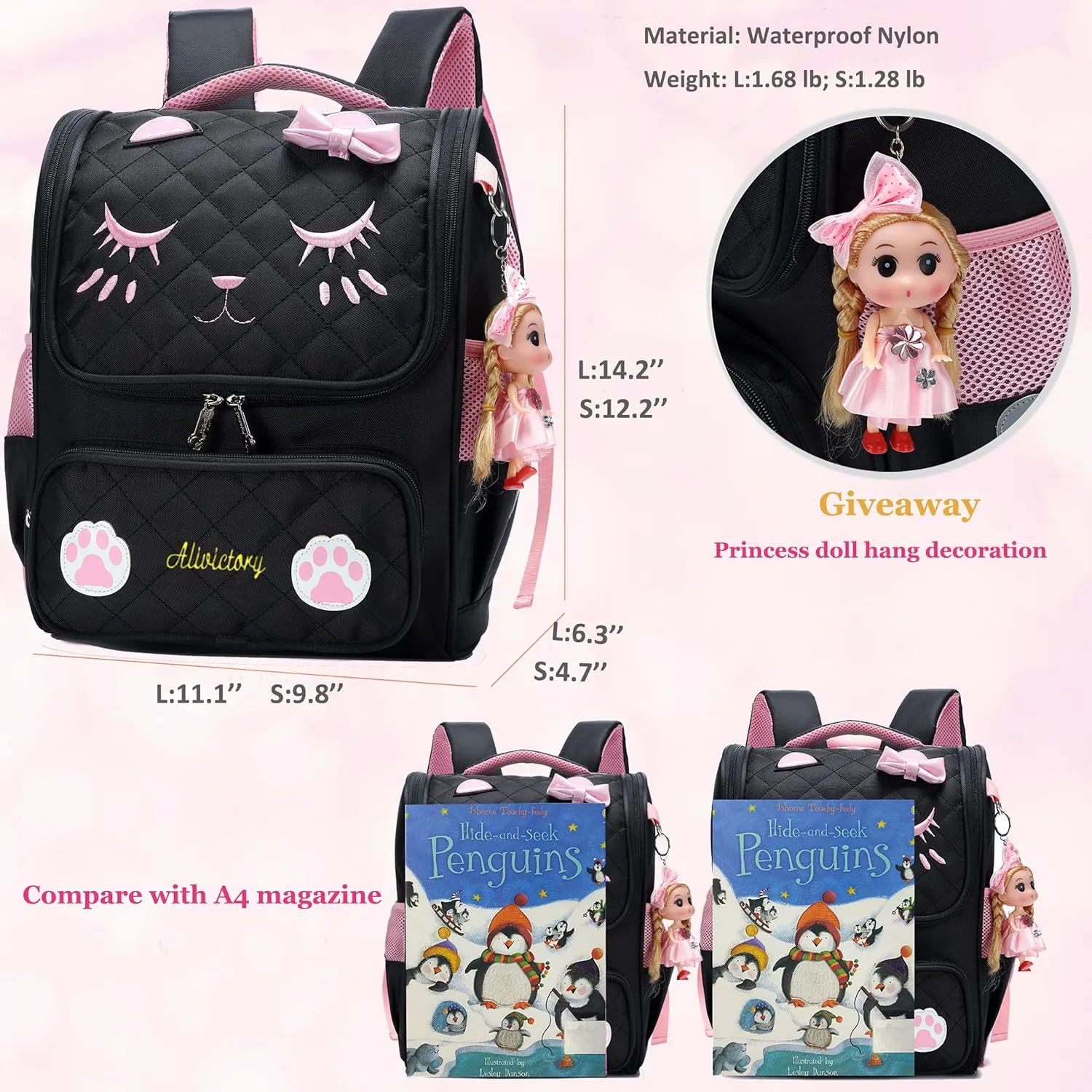 AO ALI VICTORY Girls Backpacks, Waterproof Cute Backpack for Kids Toddler Girl Preschool Bookbags Elementary School Bags