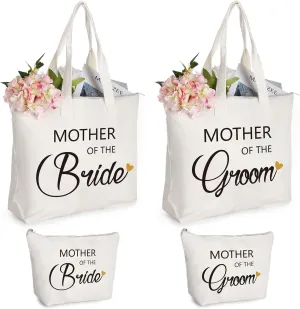 Aoriher 4 Pcs Mother of The Groom Mother of The Bride Canvas Tote Bags with Makeup Bags Mom Gift for Wedding Engagement Announcement Party Appreciation Gifts for Future Mother in Law