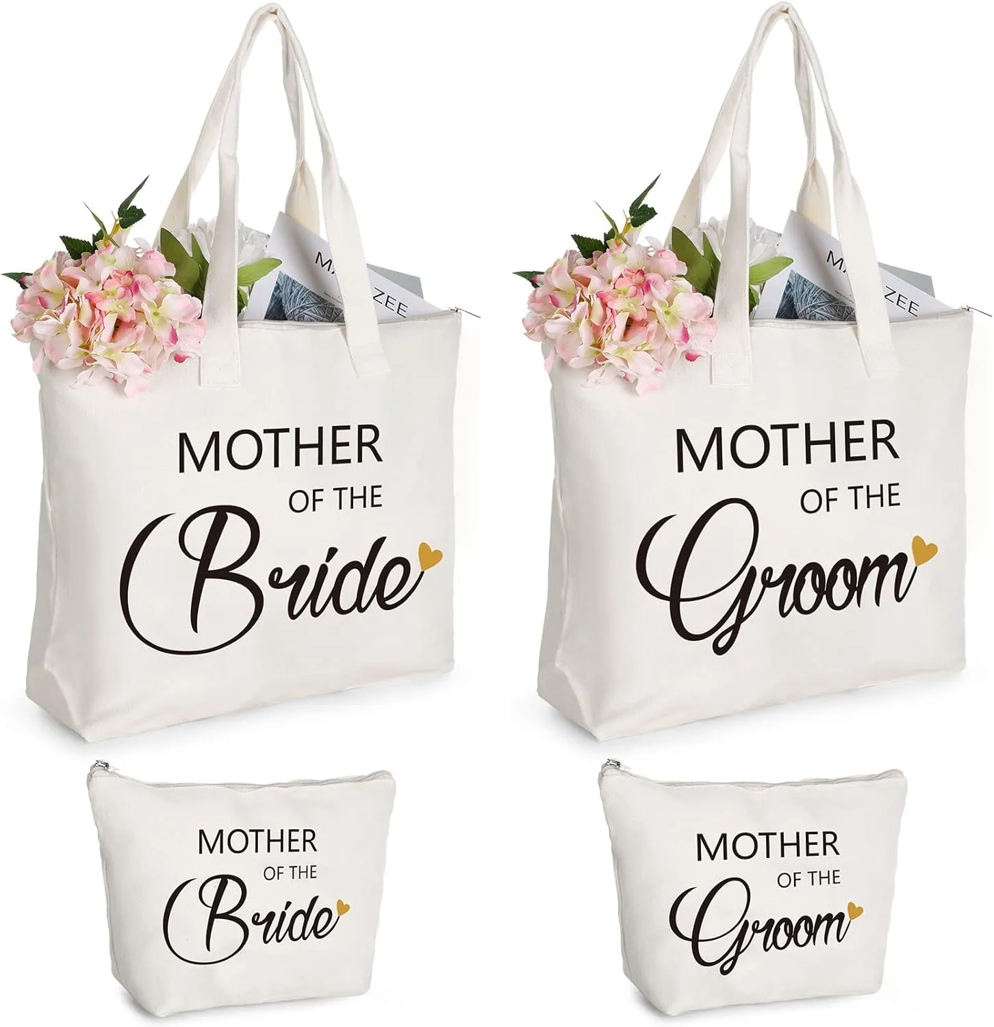 Aoriher 4 Pcs Mother of The Groom Mother of The Bride Canvas Tote Bags with Makeup Bags Mom Gift for Wedding Engagement Announcement Party Appreciation Gifts for Future Mother in Law