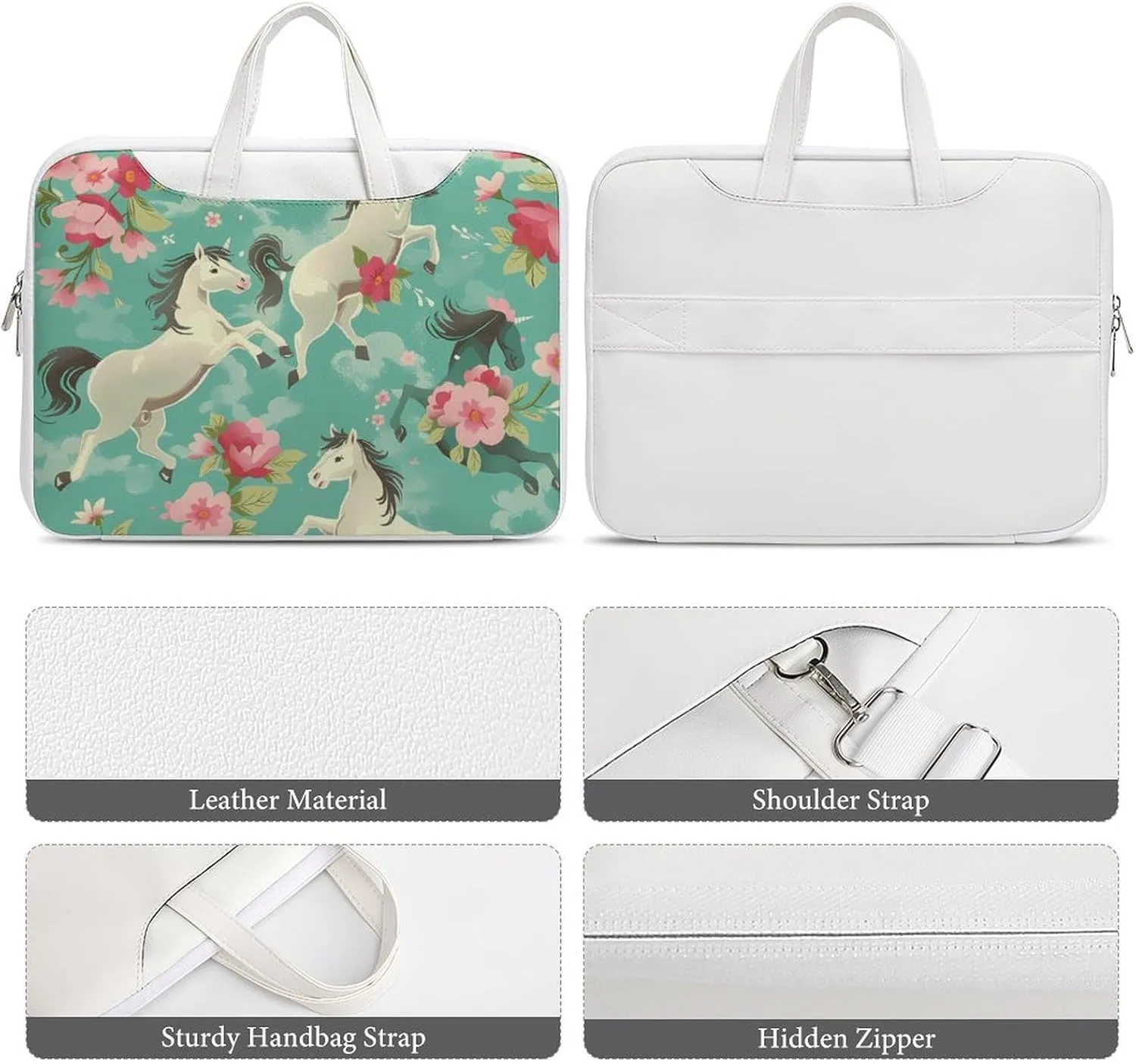 Aqua Green Horse Floral Laptop Tote Bag Waterproof Computer Carrying Case Business Office Briefcase