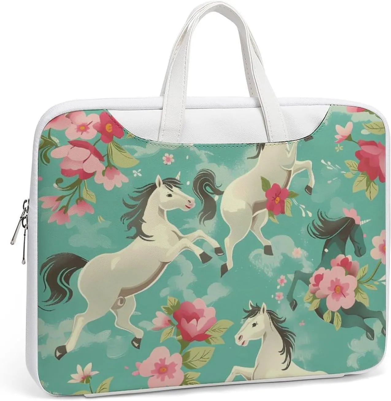 Aqua Green Horse Floral Laptop Tote Bag Waterproof Computer Carrying Case Business Office Briefcase