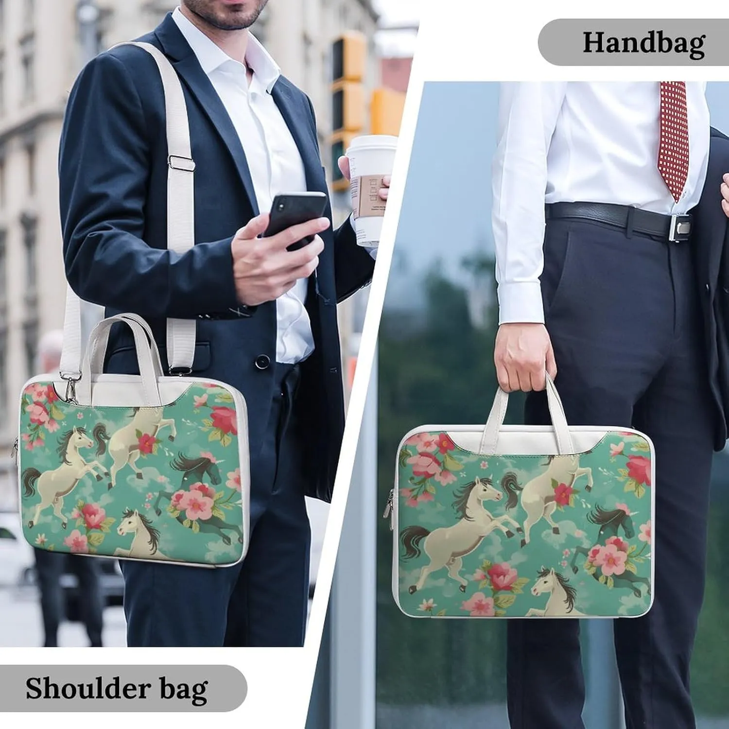 Aqua Green Horse Floral Laptop Tote Bag Waterproof Computer Carrying Case Business Office Briefcase