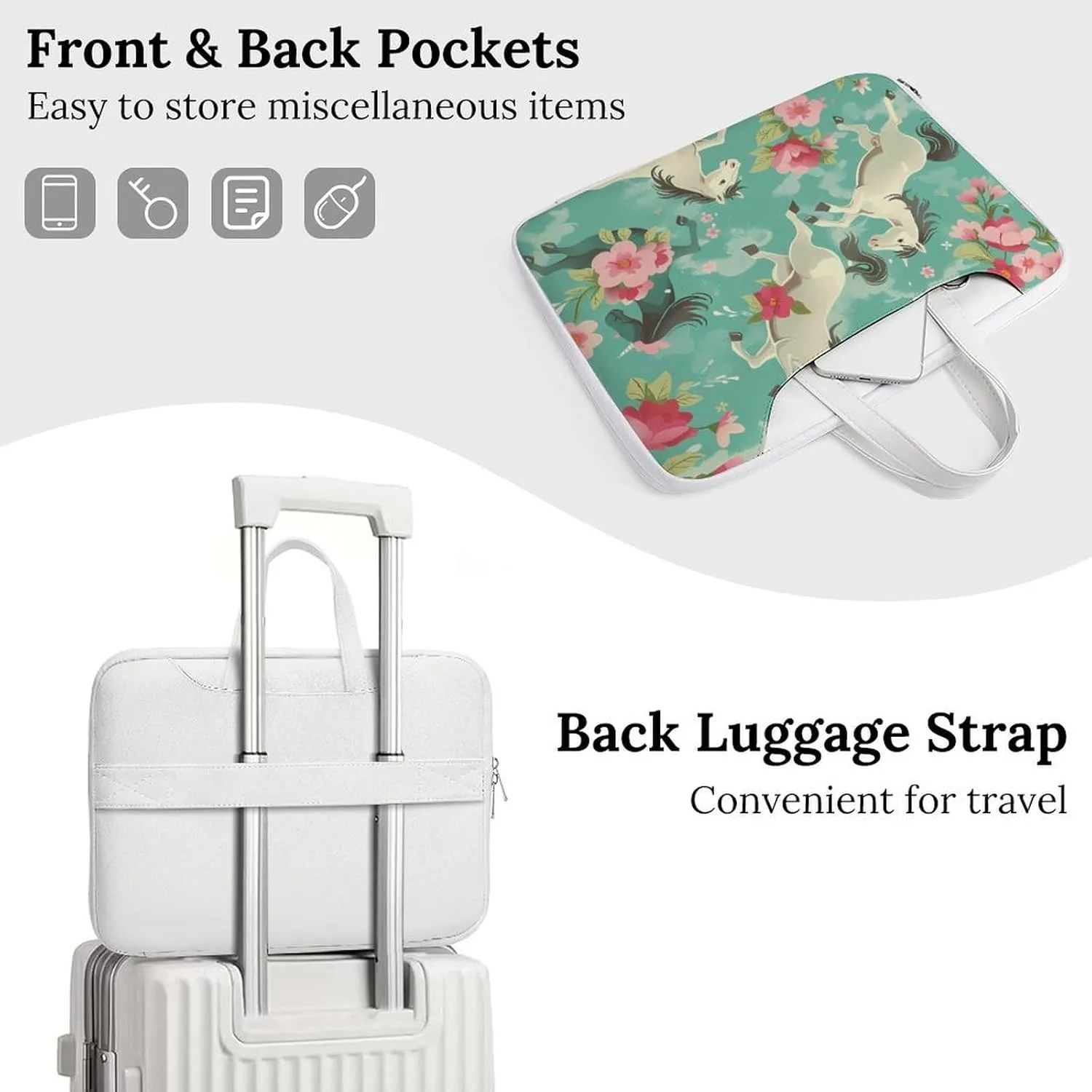 Aqua Green Horse Floral Laptop Tote Bag Waterproof Computer Carrying Case Business Office Briefcase