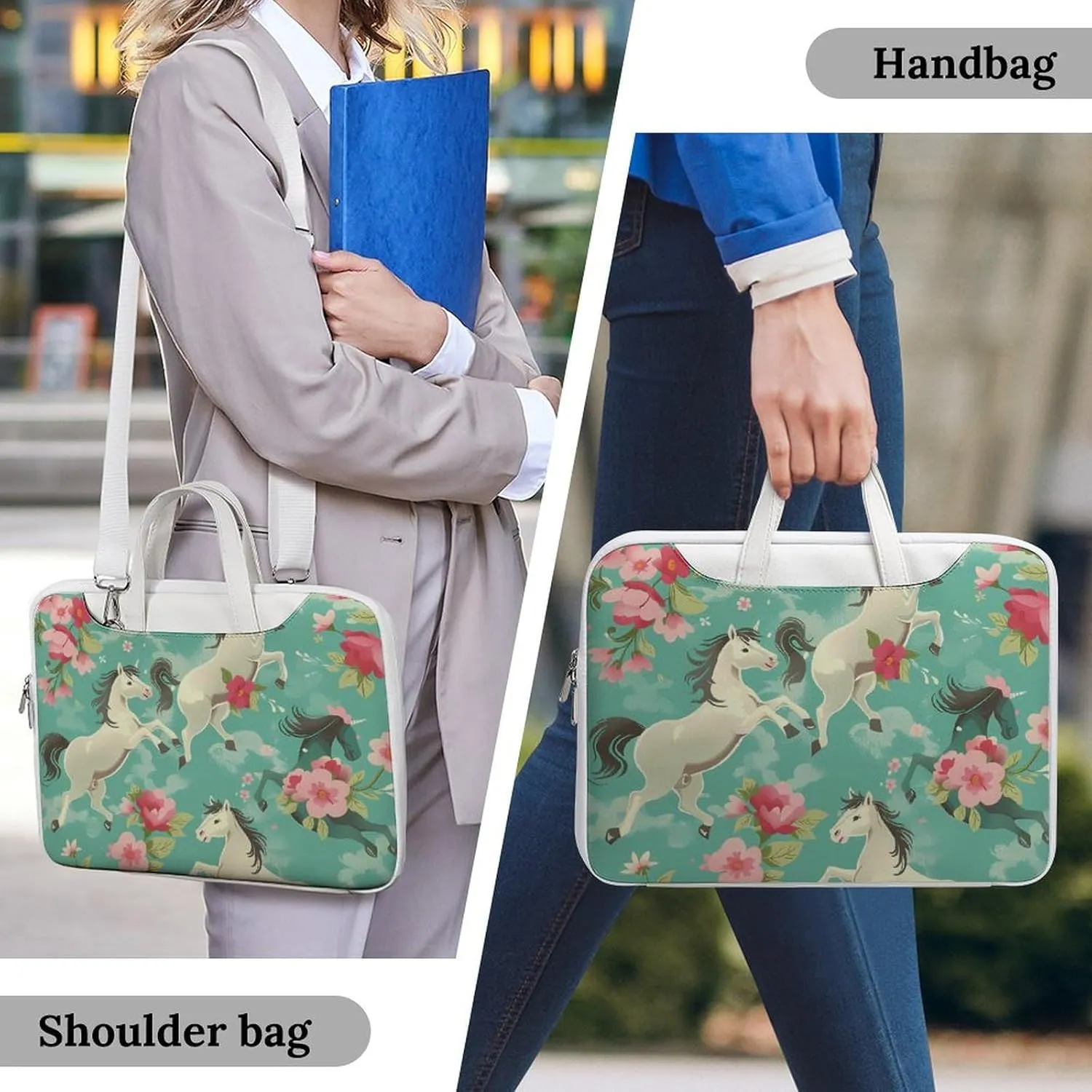 Aqua Green Horse Floral Laptop Tote Bag Waterproof Computer Carrying Case Business Office Briefcase