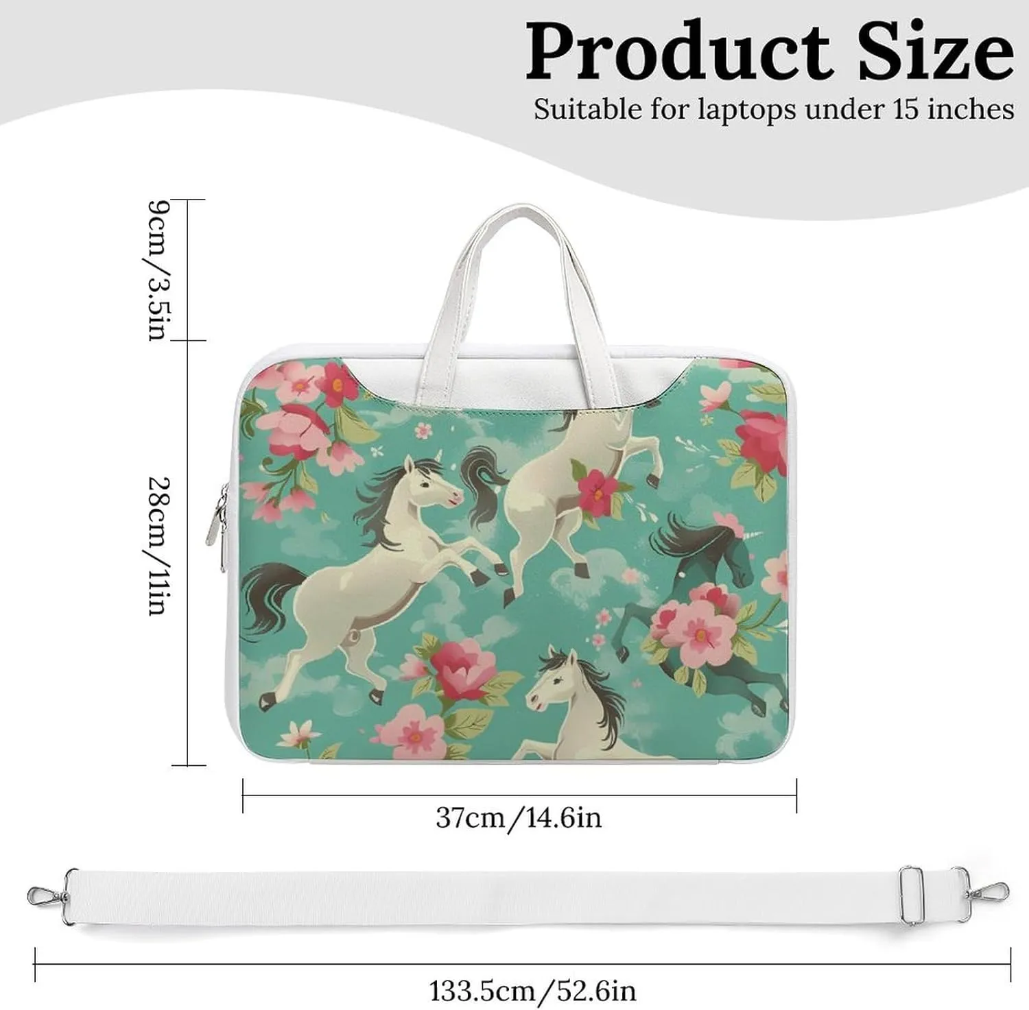 Aqua Green Horse Floral Laptop Tote Bag Waterproof Computer Carrying Case Business Office Briefcase