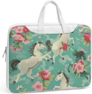 Aqua Green Horse Floral Laptop Tote Bag Waterproof Computer Carrying Case Business Office Briefcase