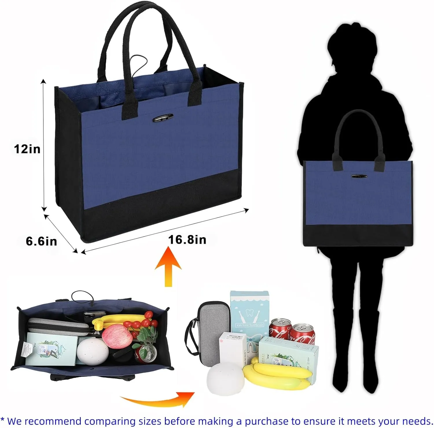 Aricsen Large Canvas Shopping Tote Bag with Handles for Women Gift Grocery Beach Holidays, Reusable Blank Clearance Eco Burlap Cloth Jute Fabric Handbag for Kitchen, Black & Blue