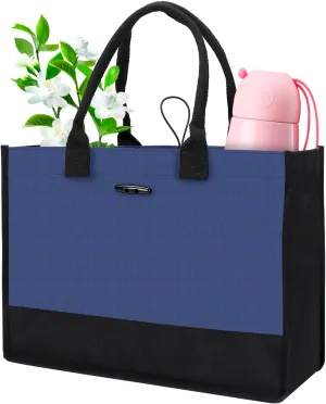 Aricsen Large Canvas Shopping Tote Bag with Handles for Women Gift Grocery Beach Holidays, Reusable Blank Clearance Eco Burlap Cloth Jute Fabric Handbag for Kitchen, Black & Blue