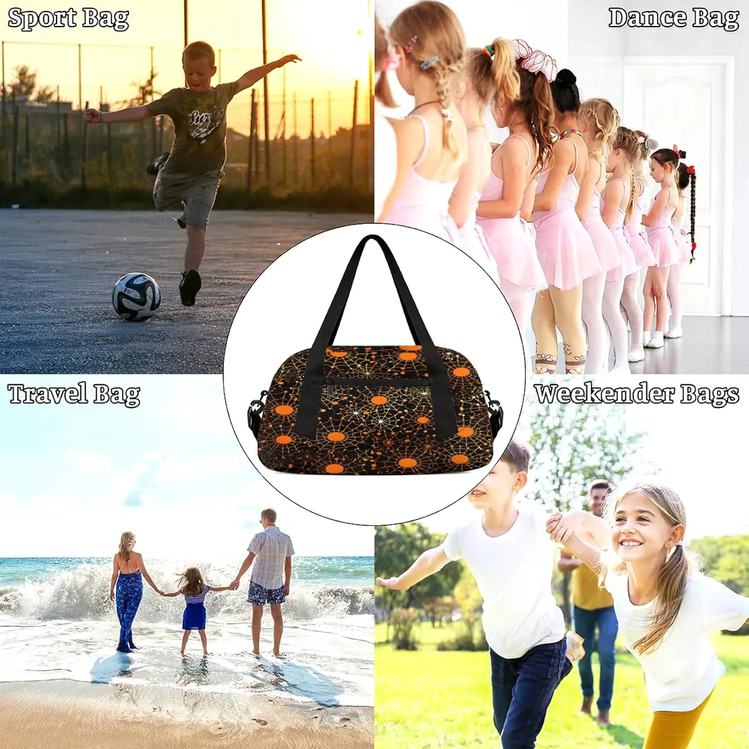 Art Abstract Spiders Web Kids Duffel Bag Lightweight Waterproof Sports Gym Bag with Front Zipper Pocket Foldable Weekender Overnight Bag for School Practice Gymnastic Ballet