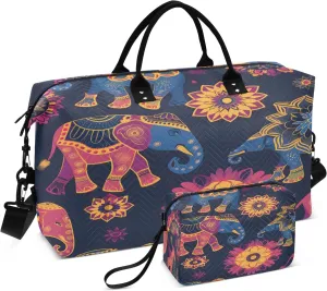 Asian Pattern with Elephants Travel Duffel Bags with Toiletry Bag for Travel Gym Yoga Weekender Bag