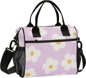 Aslsiy Lunch Bag for Women Naive Floral Boho Daisies Insulated Lunch Box Violet Lunch Tote Bag for Office Picnic M