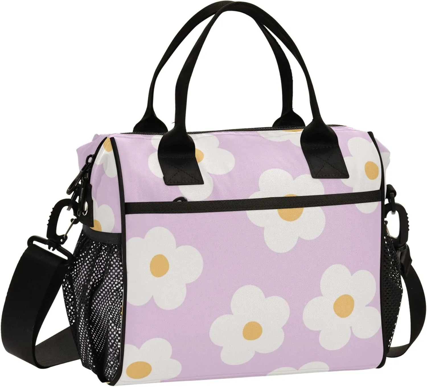 Aslsiy Lunch Bag for Women Naive Floral Boho Daisies Insulated Lunch Box Violet Lunch Tote Bag for Office Picnic M
