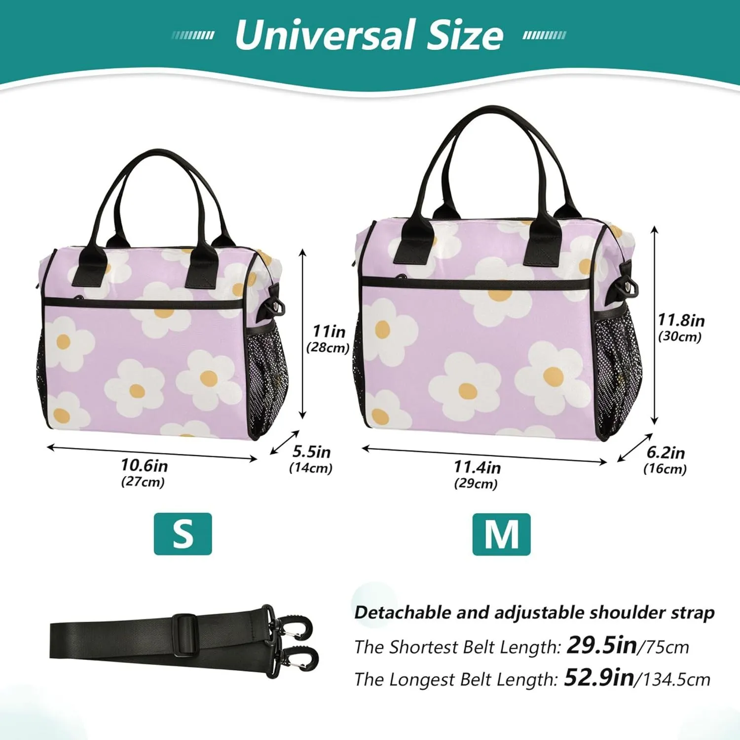 Aslsiy Lunch Bag for Women Naive Floral Boho Daisies Insulated Lunch Box Violet Lunch Tote Bag for Office Picnic M