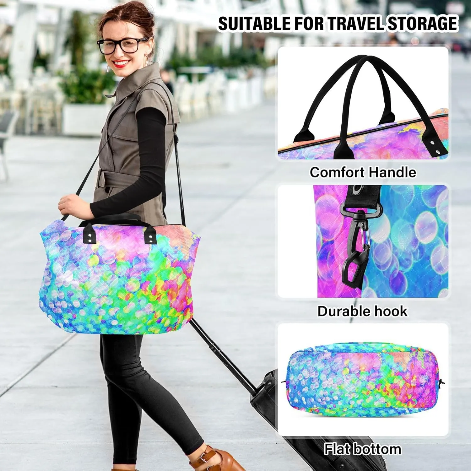 Aslsiy Travel Duffel Bags for Women Colorful Auroras Weekender Bags Polka Dots Sports Duffel Bags Gym Bag with Toiletry Bag Carry on Overnight Bag