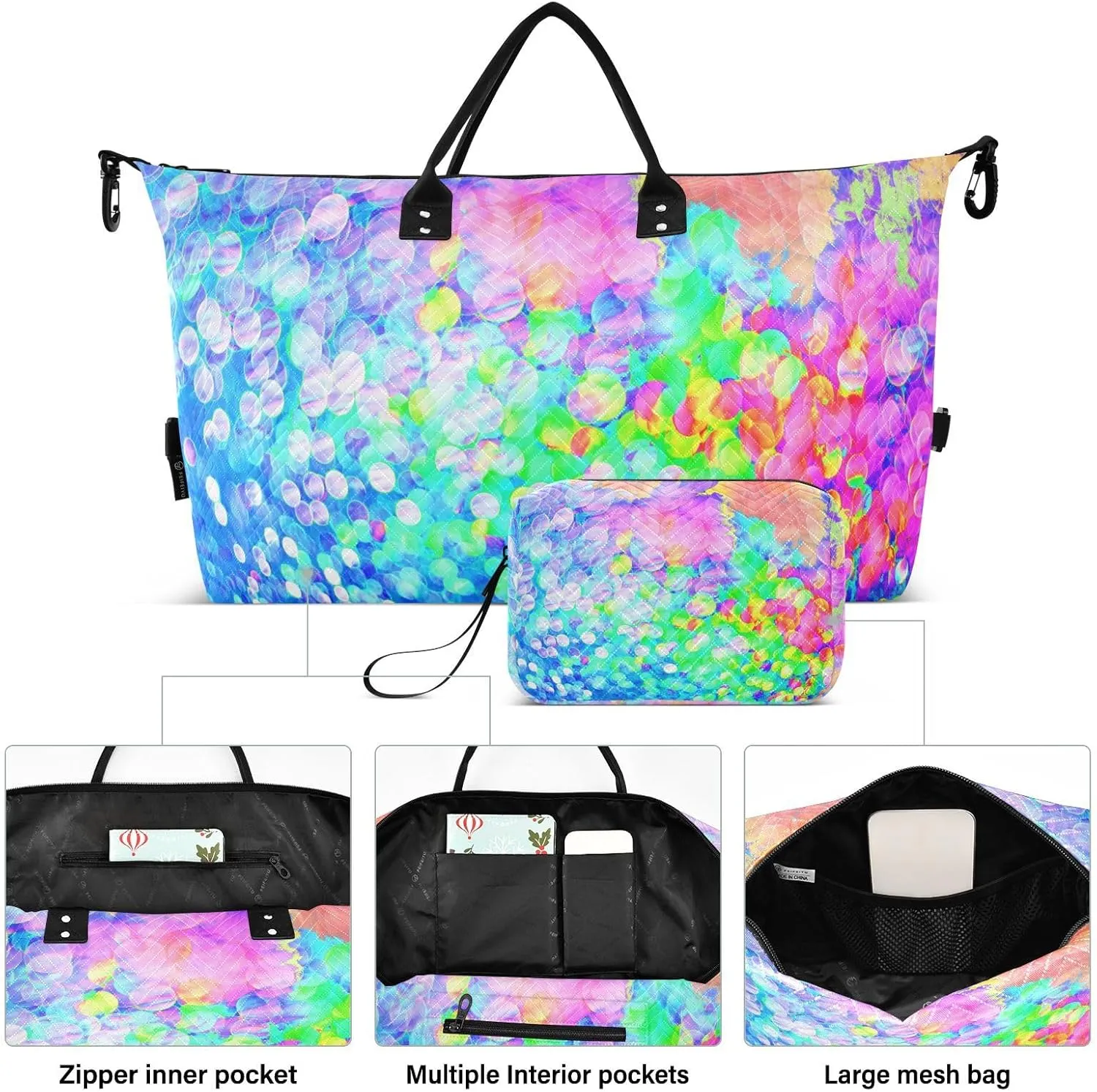 Aslsiy Travel Duffel Bags for Women Colorful Auroras Weekender Bags Polka Dots Sports Duffel Bags Gym Bag with Toiletry Bag Carry on Overnight Bag