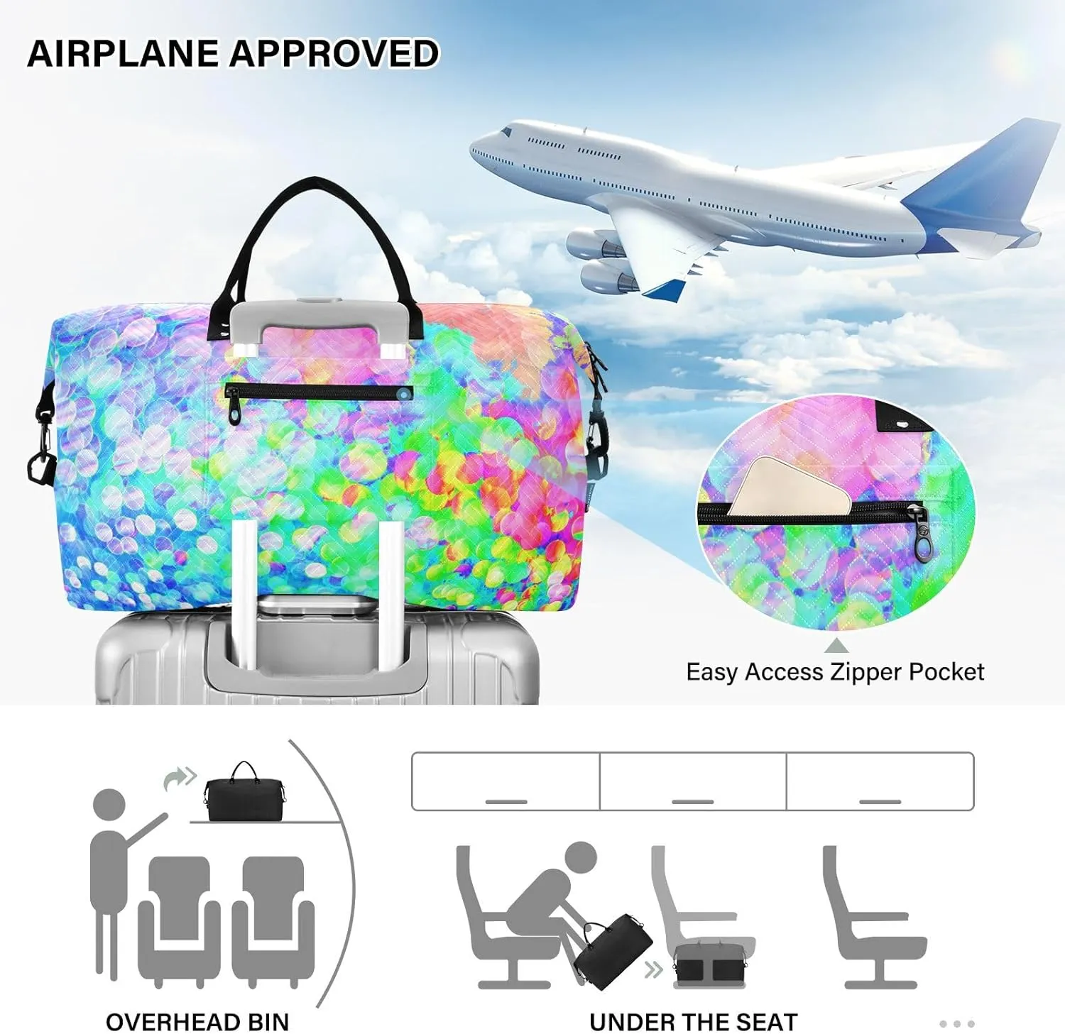 Aslsiy Travel Duffel Bags for Women Colorful Auroras Weekender Bags Polka Dots Sports Duffel Bags Gym Bag with Toiletry Bag Carry on Overnight Bag
