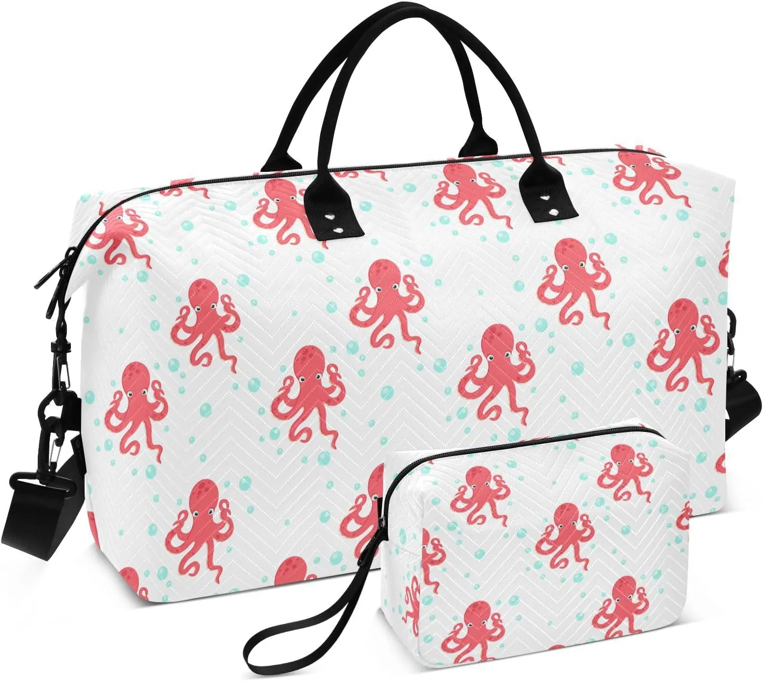 Aslsiy Travel Duffel Bags for Women Cute Red Octopus Sport Duffel Bag Bubble Water Weekender Bag Gym Bag with Toiletry Bag Carry on Overnight Bag