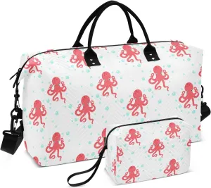 Aslsiy Travel Duffel Bags for Women Cute Red Octopus Sport Duffel Bag Bubble Water Weekender Bag Gym Bag with Toiletry Bag Carry on Overnight Bag