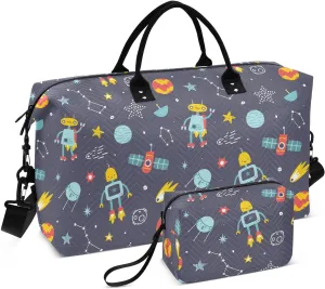 Aslsiy Travel Duffel Bags for Women Cute Space Robots Sports Duffel Bag Meteorites Star Weekender Bags Gym Bag with Toiletry Bag Carry on Overnight Bag