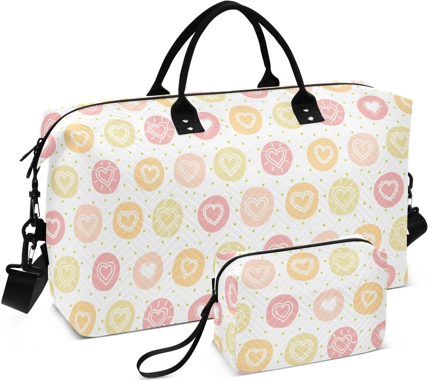 Aslsiy Travel Duffel Bags for Women Hearts on Circle Sports Duffel Bag White Weekender Bags Gym Bag with Toiletry Bag Carry on Overnight Bag