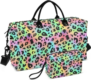 Aslsiy Travel Duffel Bags for Women Leopard Print Sports Duffel Bags Trendy Neon Weekender Bags Gym Bag with Toiletry Bag Carry on Overnight Bag