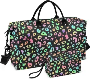 Aslsiy Travel Duffel Bags for Women Trendy Neon Leopard Sports Duffel Bags Black Weekender Bags Gym Bag with Toiletry Bag Carry on Overnight Bag