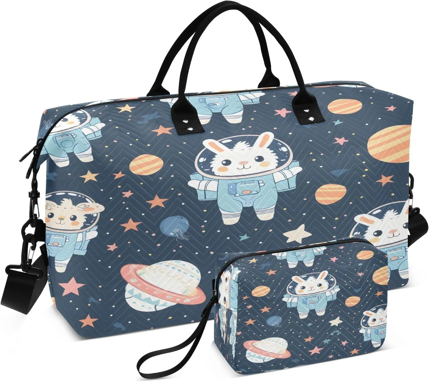 Astronaut Rabbit Travel Duffel Bags with Toiletry Bag for Travel Gym Yoga Weekender Bag