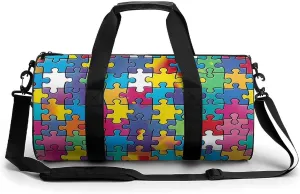 Autism Puzzle Awareness Round Barrel Gym Sport Bag Small Travel Duffel Bags Reusable Tote for Men Women