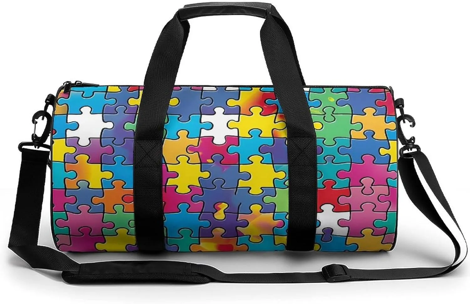 Autism Puzzle Awareness Round Barrel Gym Sport Bag Small Travel Duffel Bags Reusable Tote for Men Women