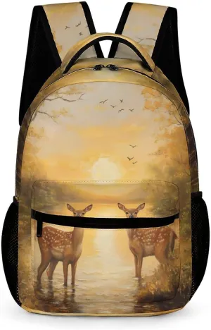 Autumn Deers at Sunset by The Lake Cute Backpack Shoulders Bag Casual Daypacks Travel Back Pack for Camping Hiking