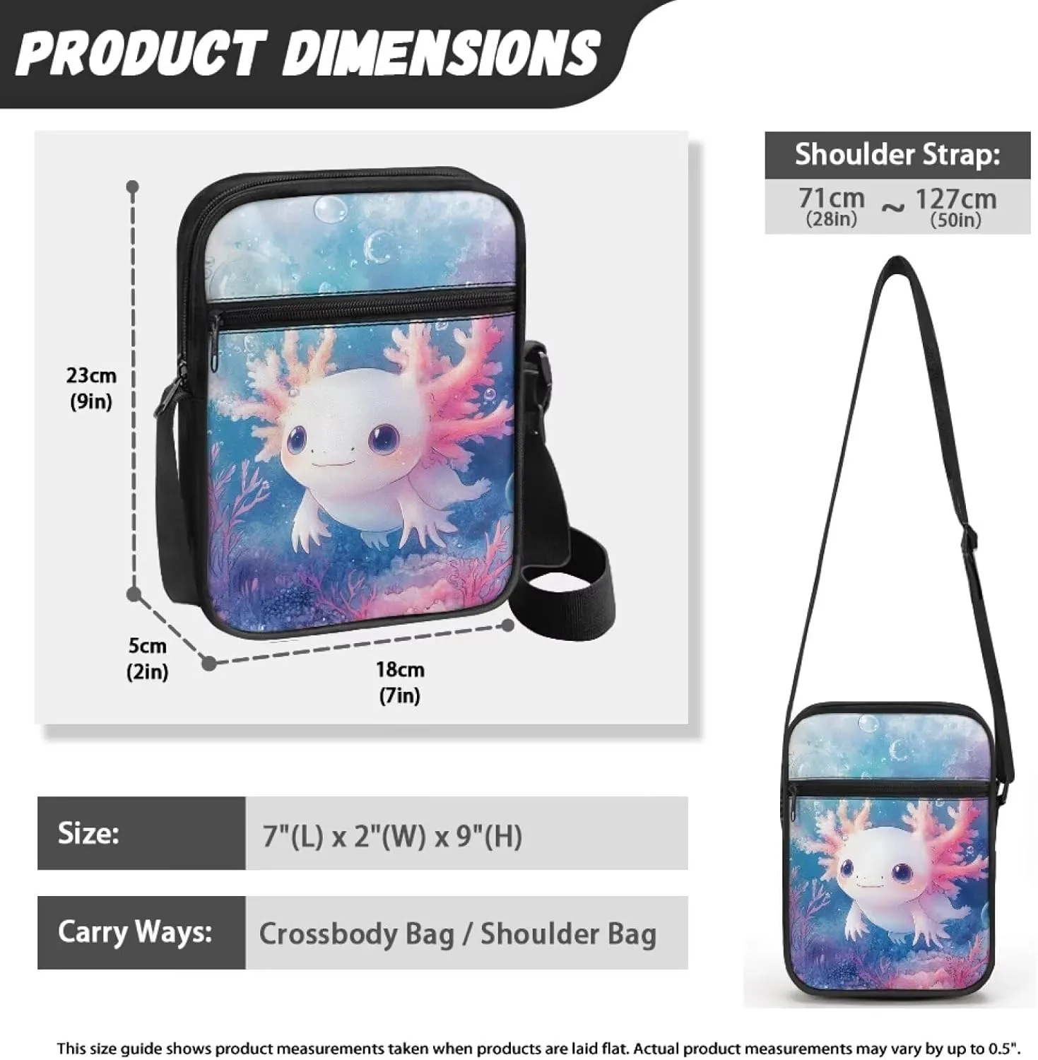 Axolotl Minimalist Cross Body Pouch Waterproof Small Messenger Bag for College Students Cute Canvas Shoulder Handbag Gym Hiking Lightweight Fashion forward