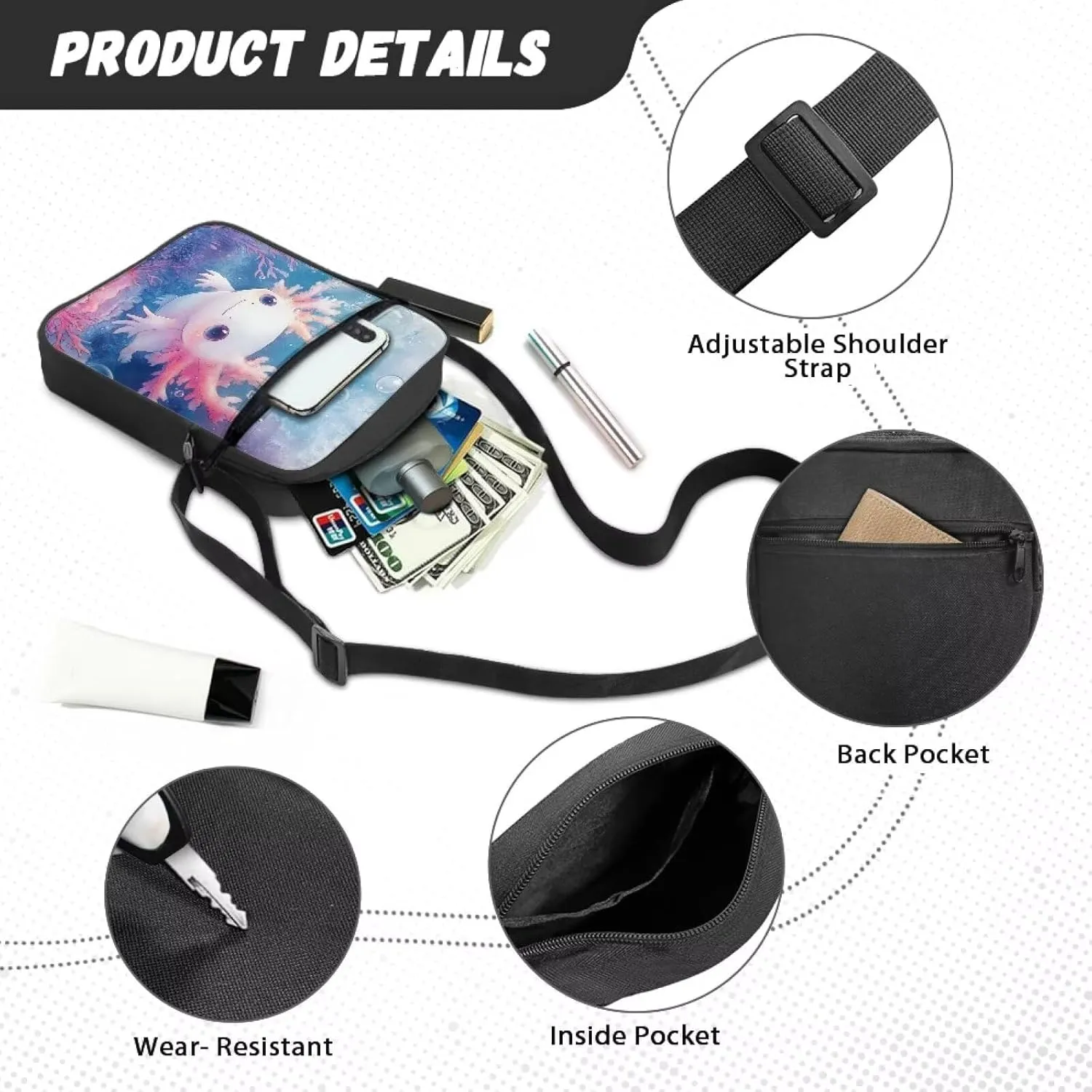 Axolotl Minimalist Cross Body Pouch Waterproof Small Messenger Bag for College Students Cute Canvas Shoulder Handbag Gym Hiking Lightweight Fashion forward