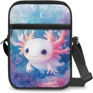 Axolotl Minimalist Cross Body Pouch Waterproof Small Messenger Bag for College Students Cute Canvas Shoulder Handbag Gym Hiking Lightweight Fashion forward