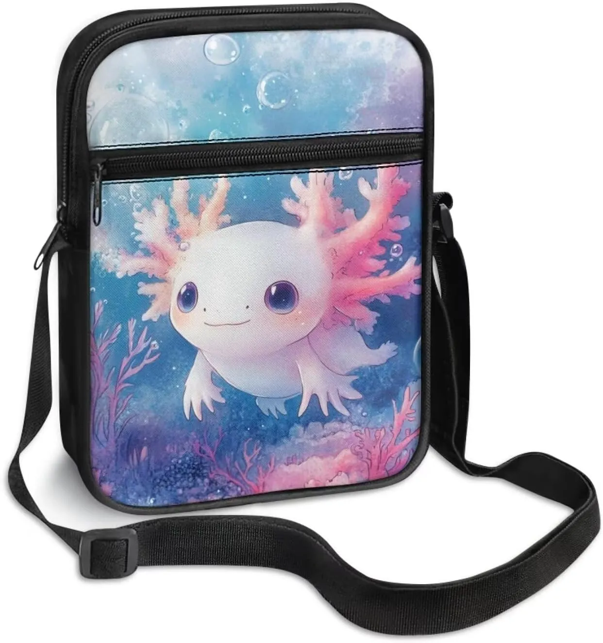 Axolotl Minimalist Cross Body Pouch Waterproof Small Messenger Bag for College Students Cute Canvas Shoulder Handbag Gym Hiking Lightweight Fashion forward