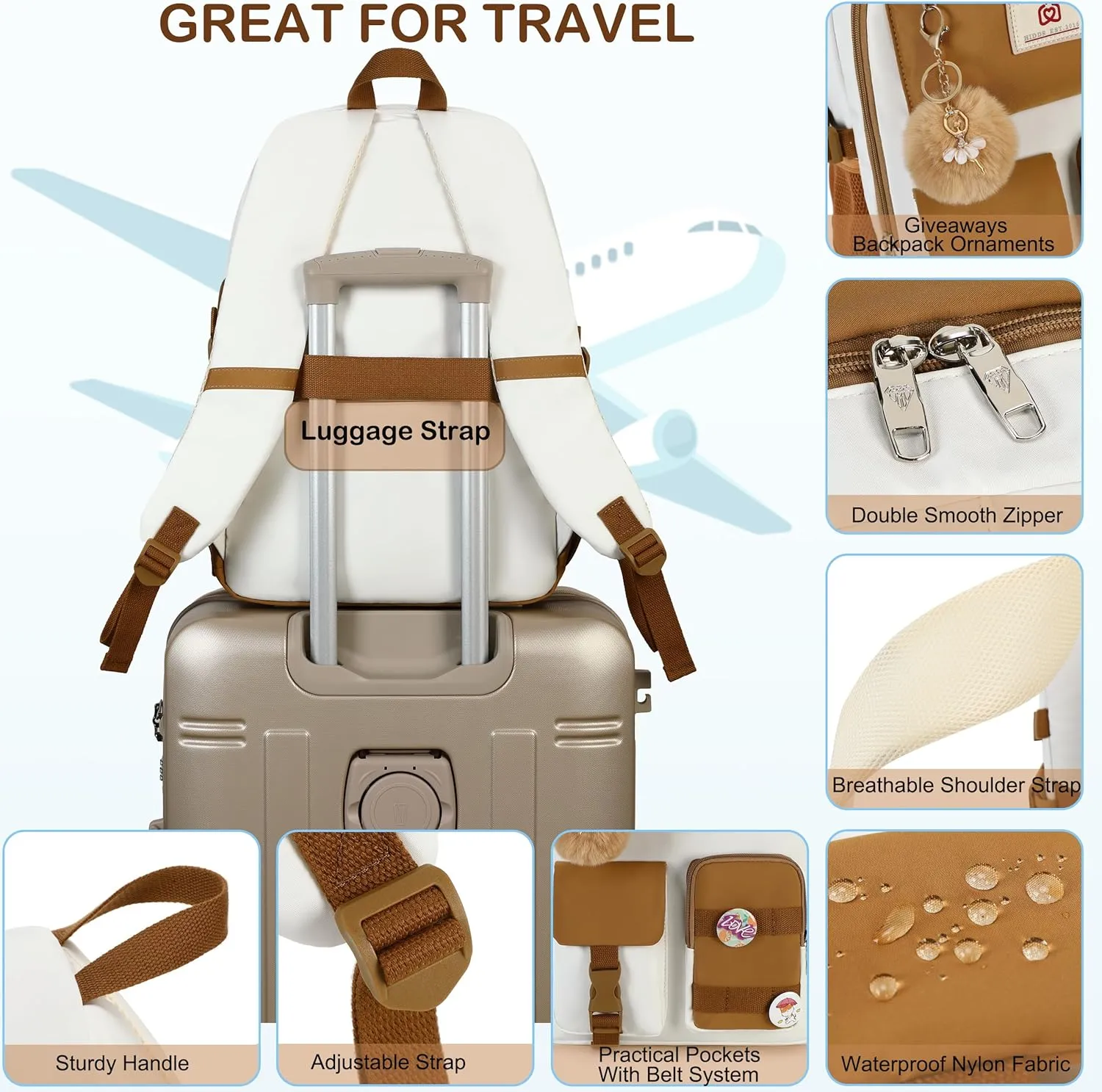 Backpack for Girls,School Backpack Women College Laptop Backpacks Teens Bookbag Kids Elementary Middle High School Bag Student Travel Daypack-Khaki Beige