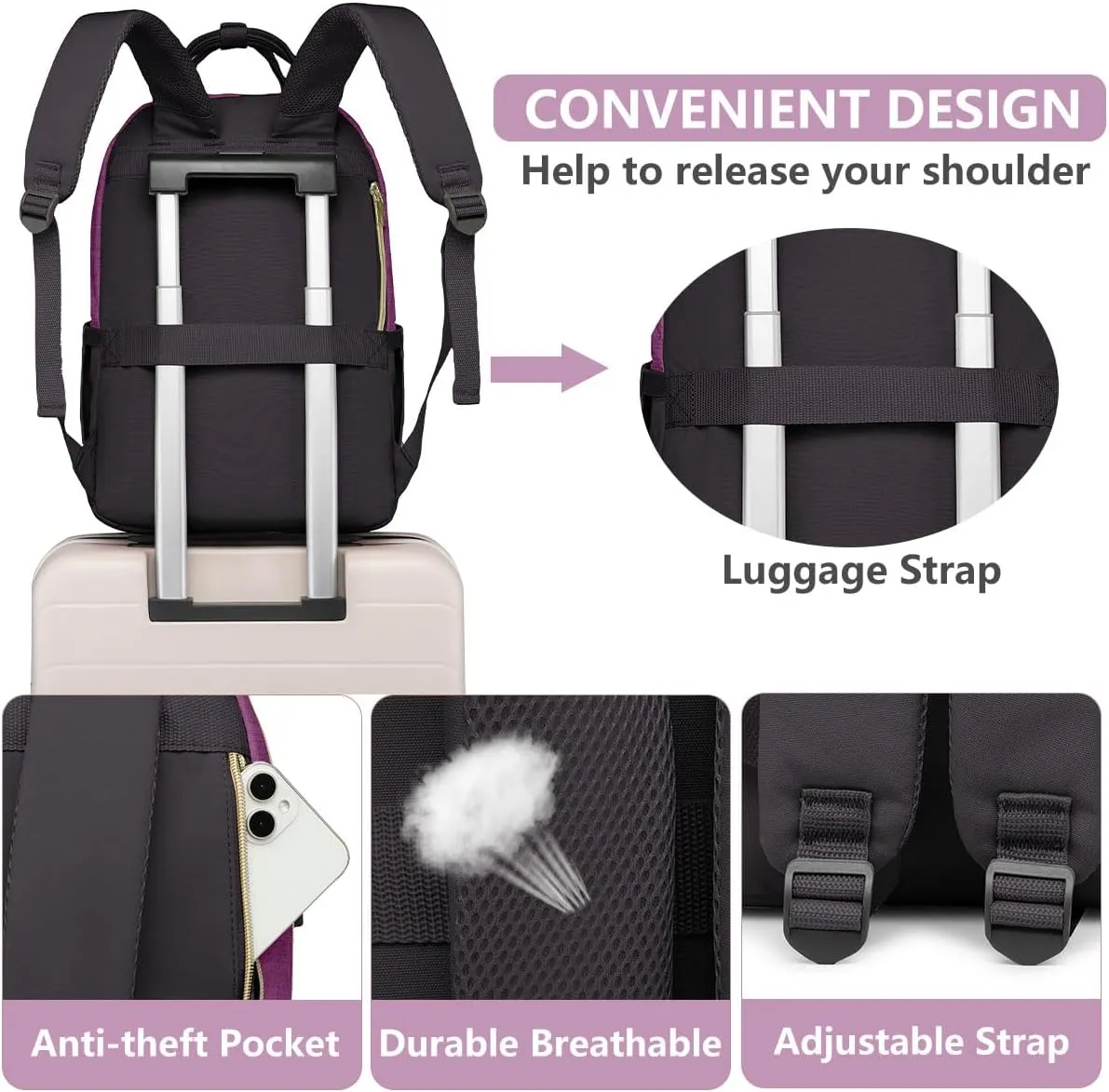 Backpack for Women laptop Bag - Laptop Backpack with USB Charger Travel Business Computer Backpack for Teacher Casual Waterproof Bookbag for Nurses PURPLE