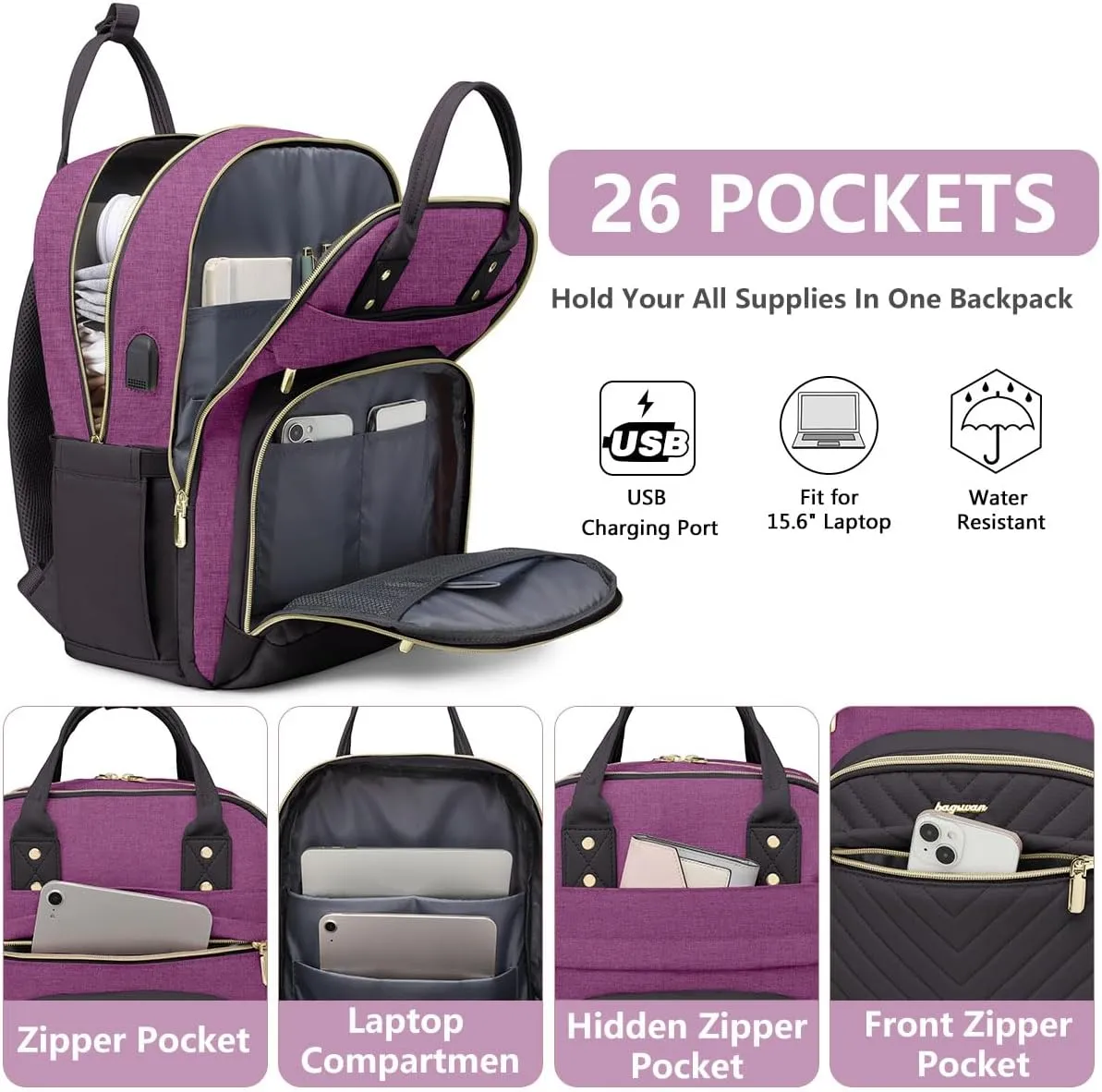 Backpack for Women laptop Bag - Laptop Backpack with USB Charger Travel Business Computer Backpack for Teacher Casual Waterproof Bookbag for Nurses PURPLE