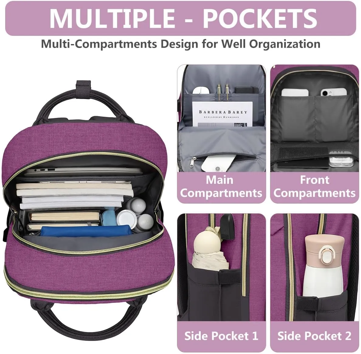 Backpack for Women laptop Bag - Laptop Backpack with USB Charger Travel Business Computer Backpack for Teacher Casual Waterproof Bookbag for Nurses PURPLE