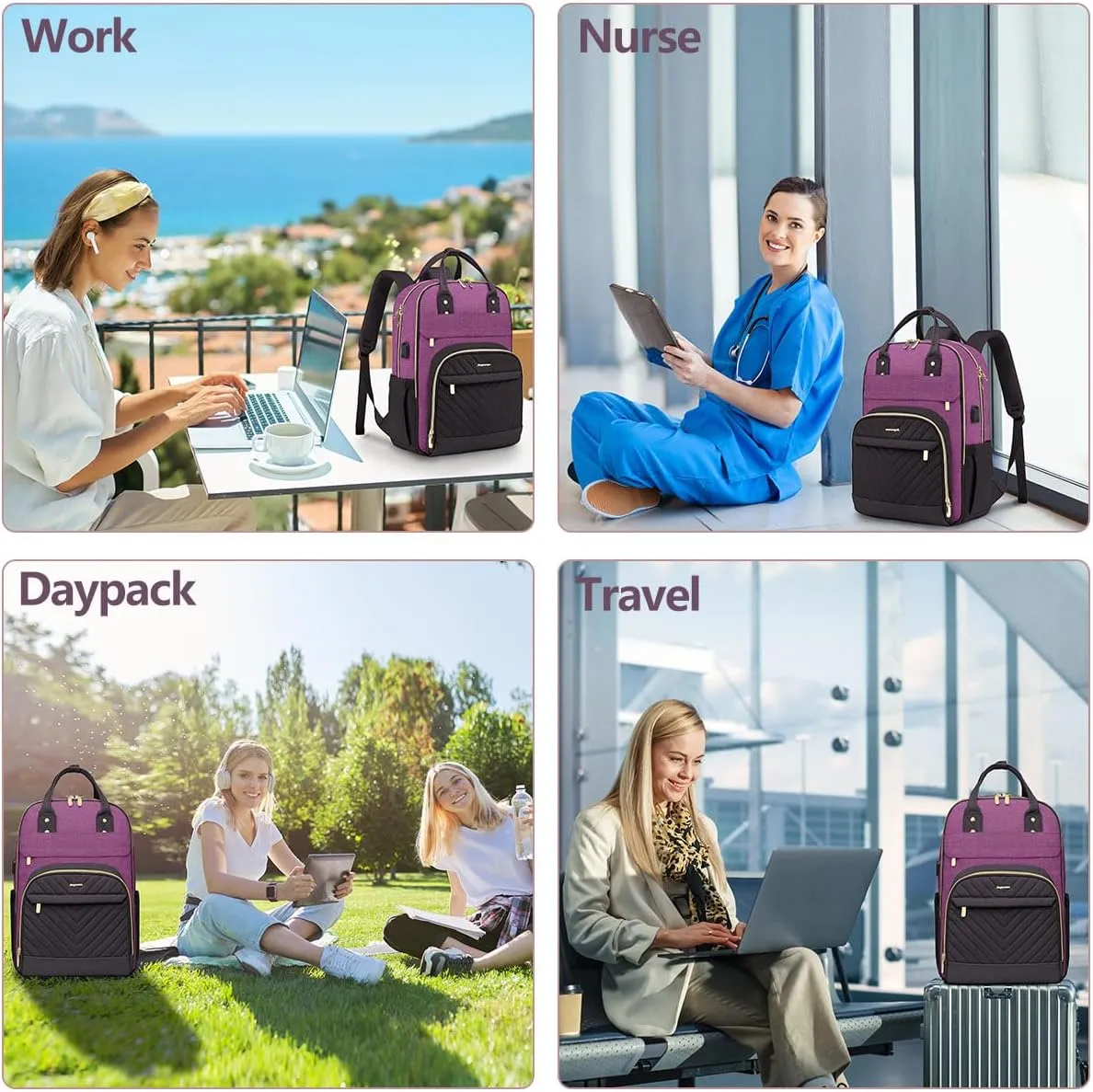 Backpack for Women laptop Bag - Laptop Backpack with USB Charger Travel Business Computer Backpack for Teacher Casual Waterproof Bookbag for Nurses PURPLE