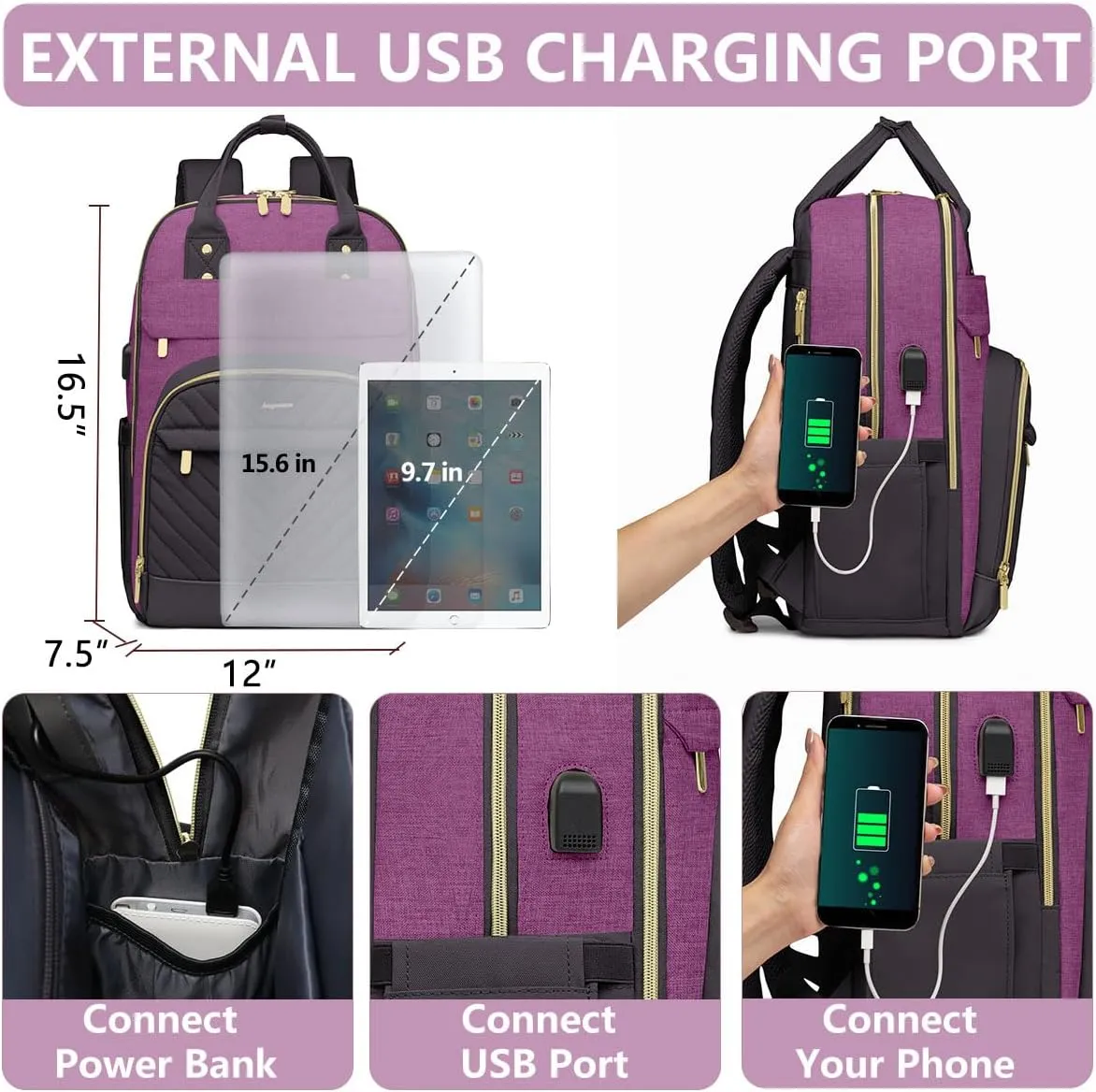 Backpack for Women laptop Bag - Laptop Backpack with USB Charger Travel Business Computer Backpack for Teacher Casual Waterproof Bookbag for Nurses PURPLE