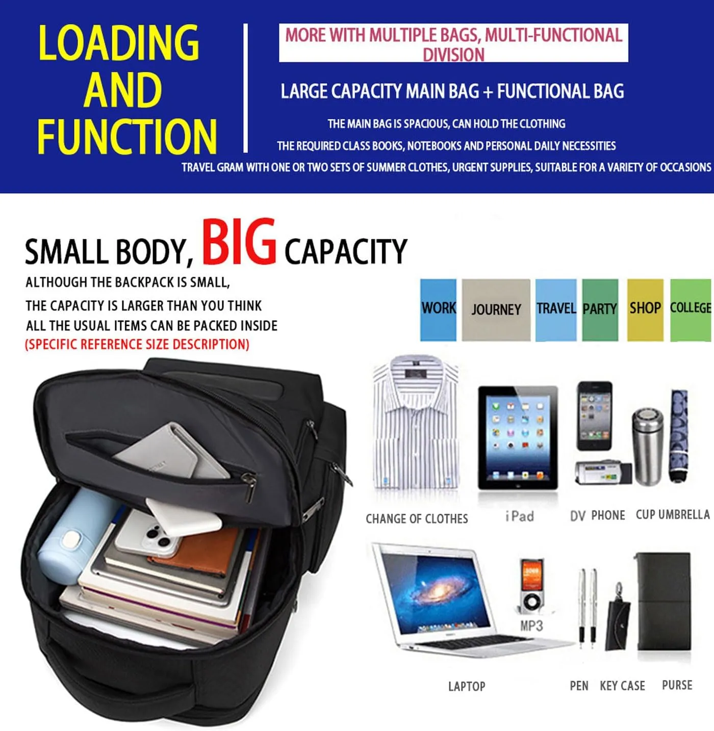Backpack Men's Multilayer Backpack Business Casual Bag Large Capacity Multifunctional Computer Bag,waterproof, fits 15.6inch notebook(Black)