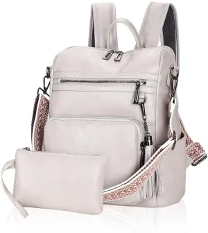 Backpack Purse for Women Large Ladies Backpack Vegan PU Leather Rucksack Purse Anti-theft Fashion Vintage Boho Casual Waterproof Shoulder Daypack Bags for Travel Work with Guitar Strap, Grey